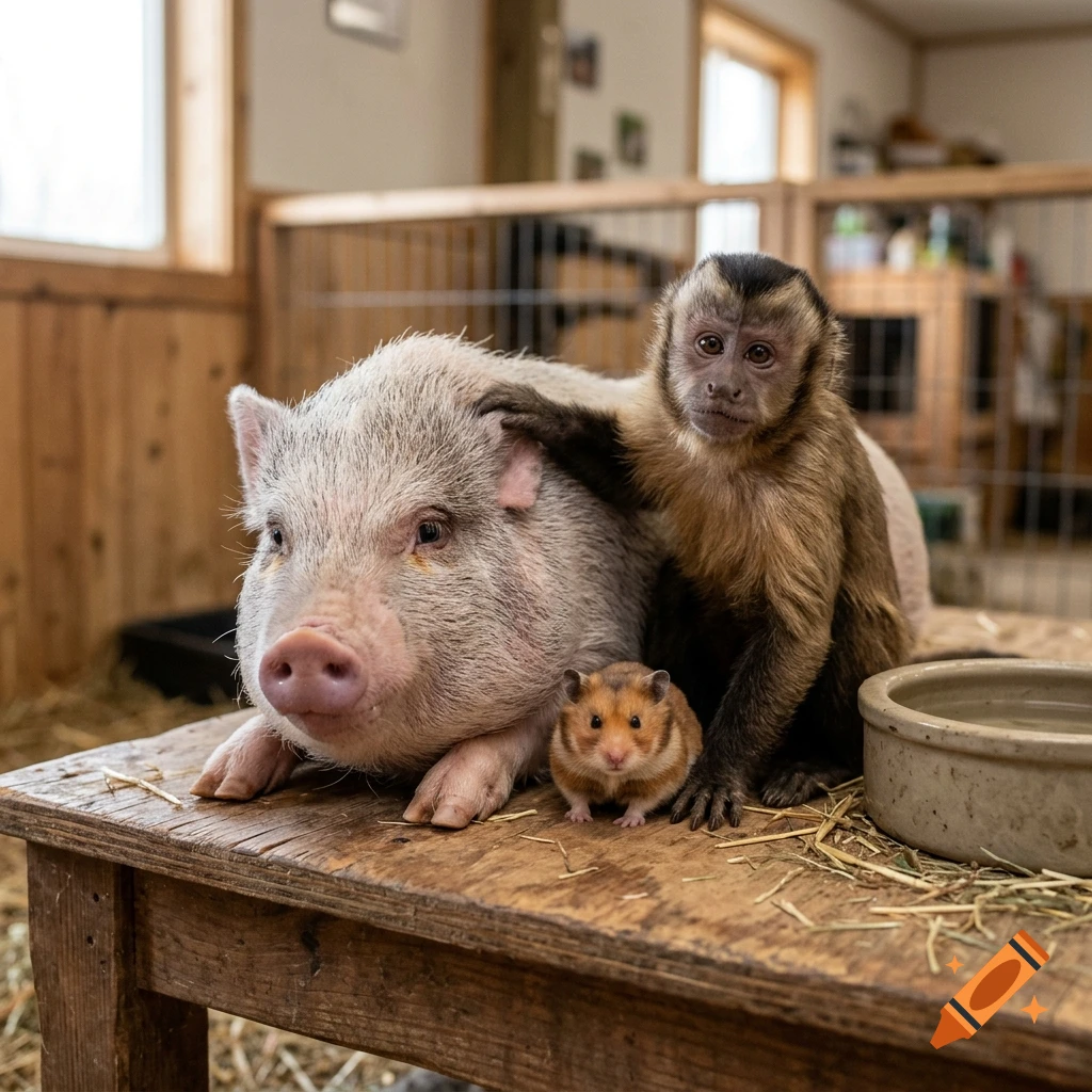 Photorealistic image of a pig, a monkey, and a hamster sitting together on a wooden table inside a rustic barn.