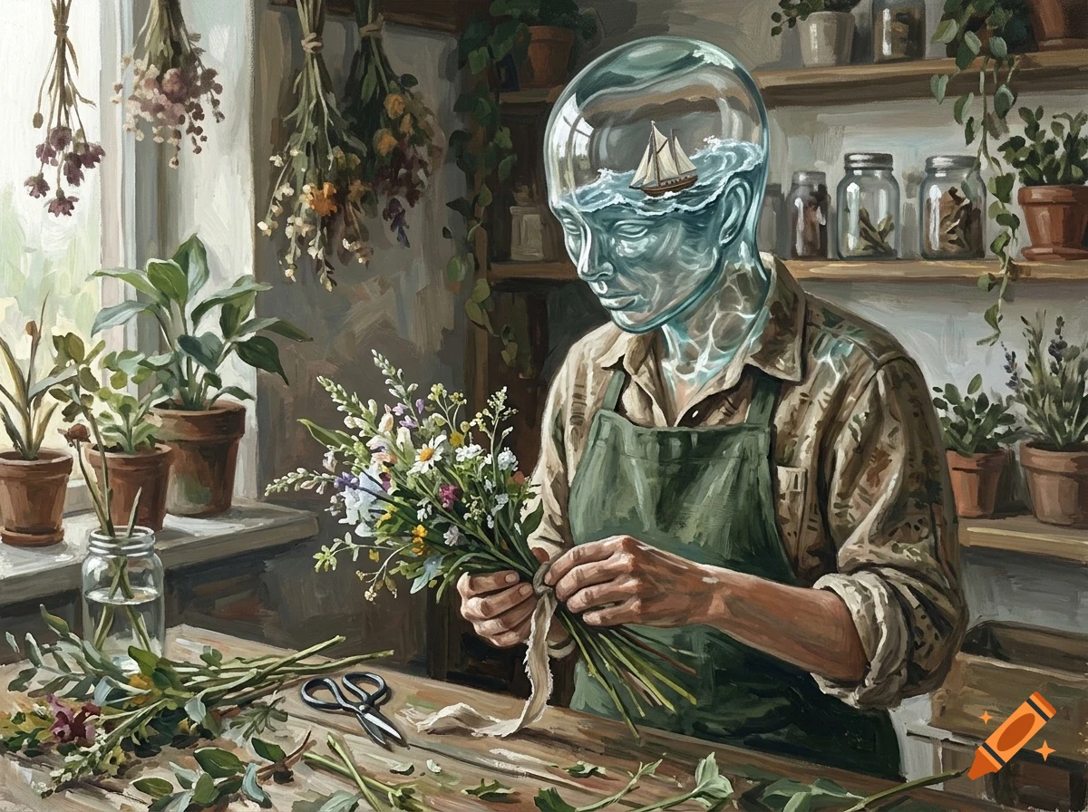 An oil painting of a person with a glass-bowl head filled with water and a sailing ship, tying a bouquet of flowers in a workshop.