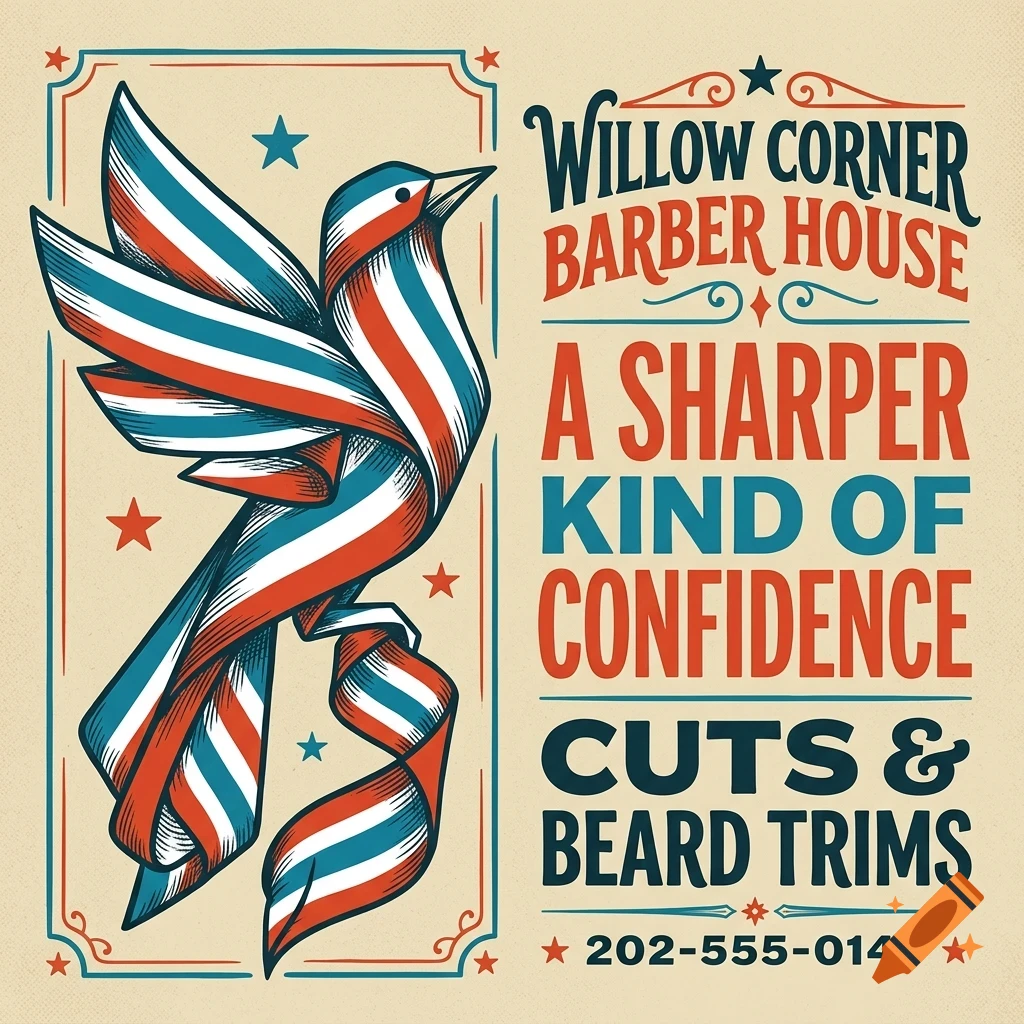 Vintage advertisement for Willow Corner Barber House featuring a stylized red, white, and blue bird and lettering.