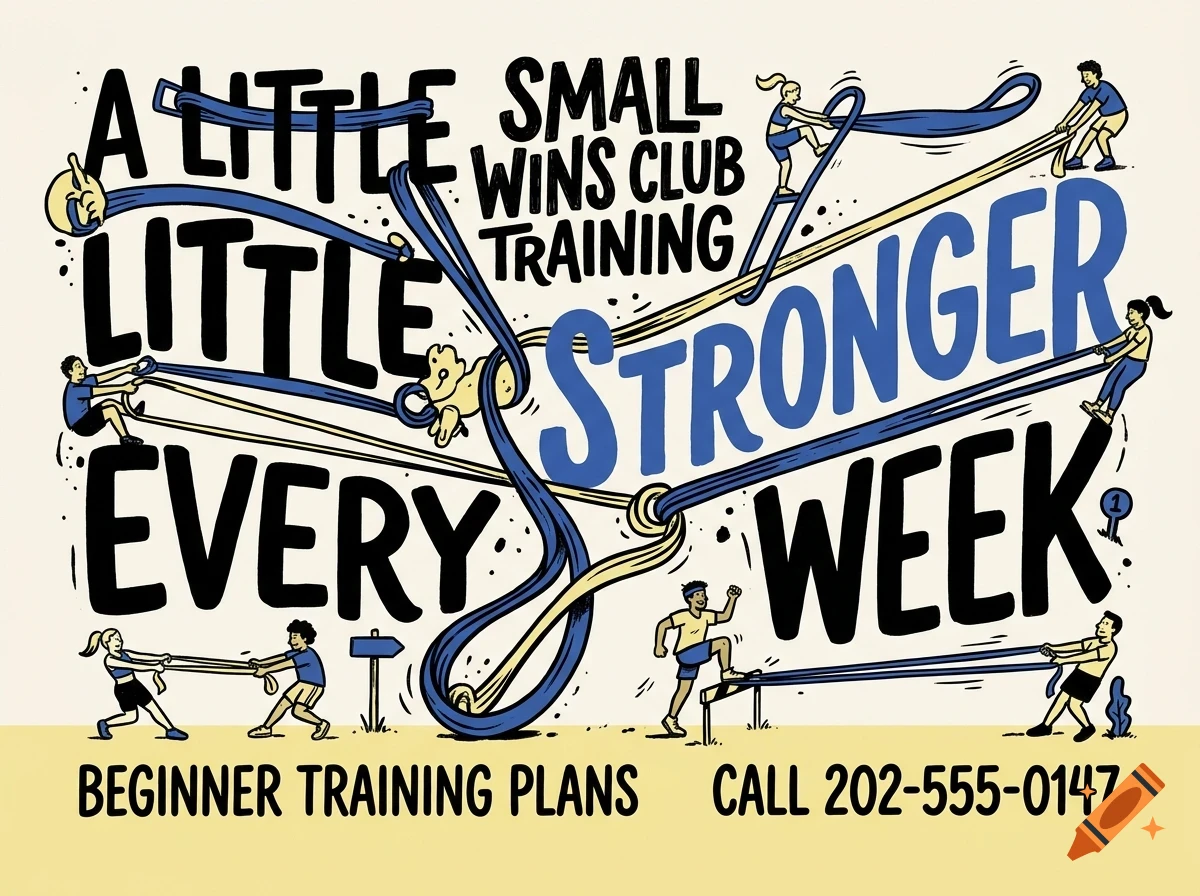 An illustrated poster featuring people exercising with resistance bands alongside bold lettering reading Small Wins Club Training and A little stronger every week.