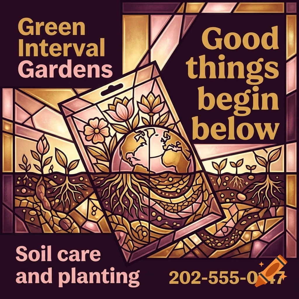 A stained glass style graphic with text reading Green Interval Gardens, Good things begin below, and Soil care and planting, depicting soil layers and plants.