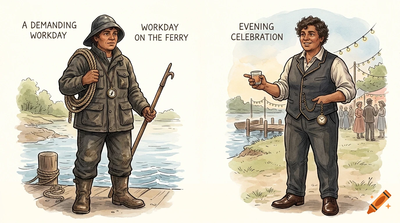 Illustration showing a ferry worker holding rope and a hook on a dock during the day, and celebrating with a drink in the evening.