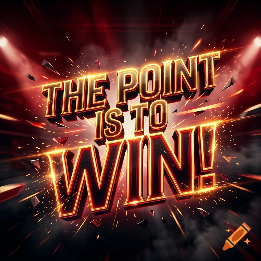 Dynamic 3D typography reading THE POINT IS TO WIN! with fiery sparks and smoke on a dark red background.