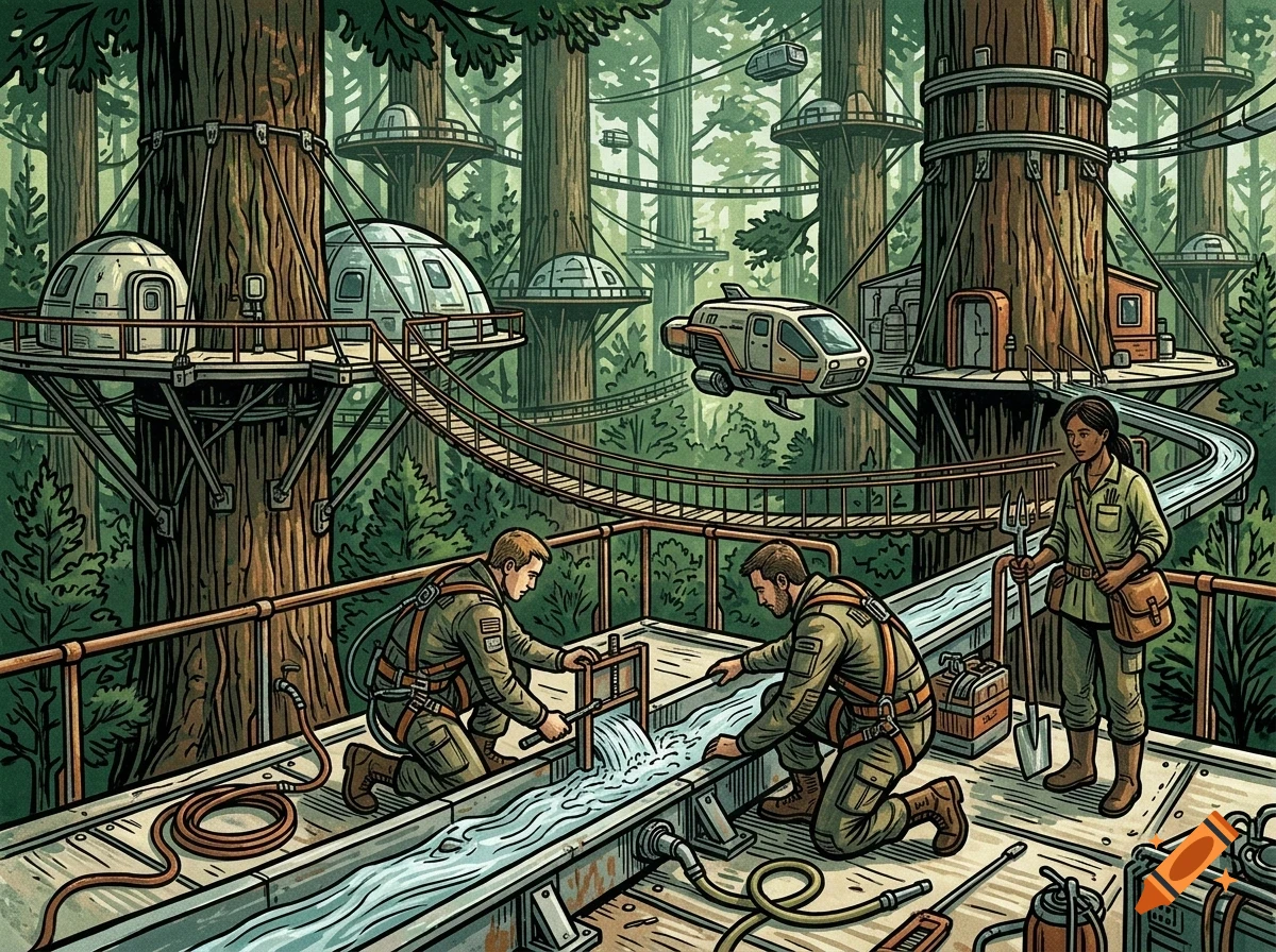 An illustrated futuristic forest community with people working on a water canal suspended among giant redwood trees, dome dwellings, and a hovering aircraft.