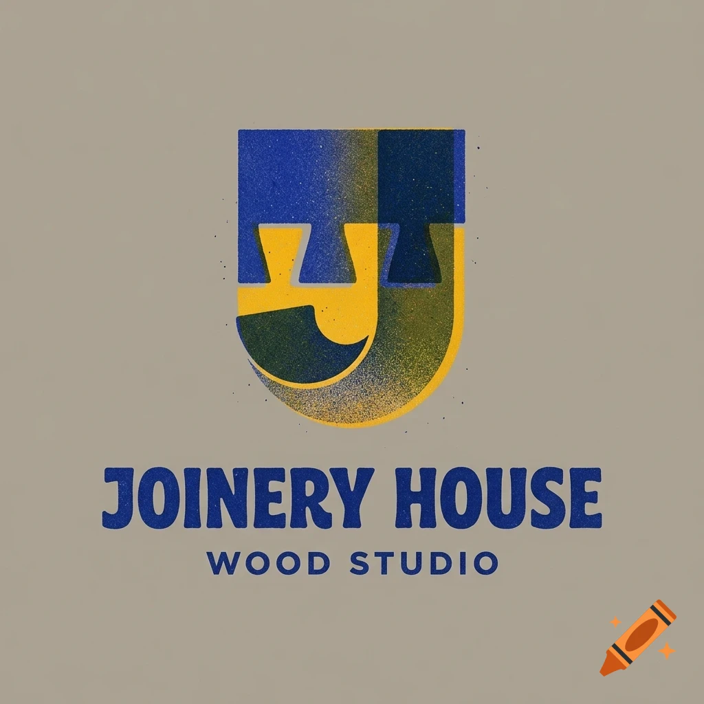 A stylized logo featuring a blue and yellow monogram symbol above the text 'JOINERY HOUSE' and 'WOOD STUDIO'.