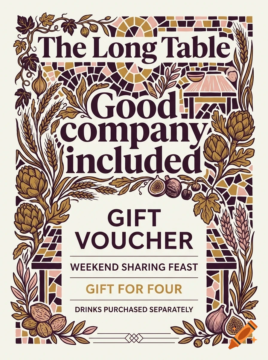 An illustrative gift voucher design featuring lettering, framed by botanical and food motifs in a mosaic style.