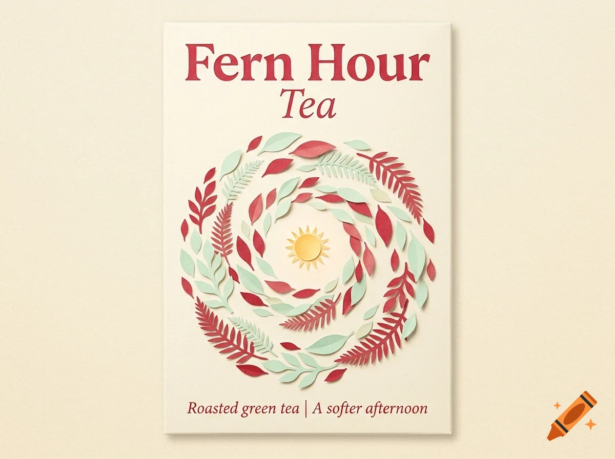A poster for Fern Hour Tea featuring a circular paper-cut arrangement of red and light green leaves around a yellow sun, with text reading 'Roasted green tea | A softer afternoon'.