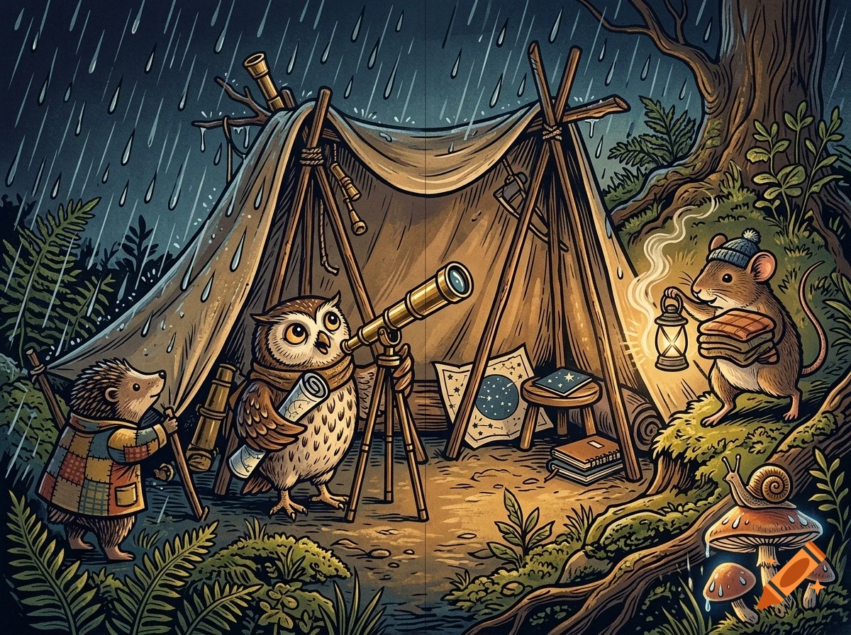 An illustrated scene of anthropomorphic animals camping in the rain, featuring an owl looking through a telescope inside a tent, a hedgehog, a mouse holding a lantern, and a snail on mushrooms.