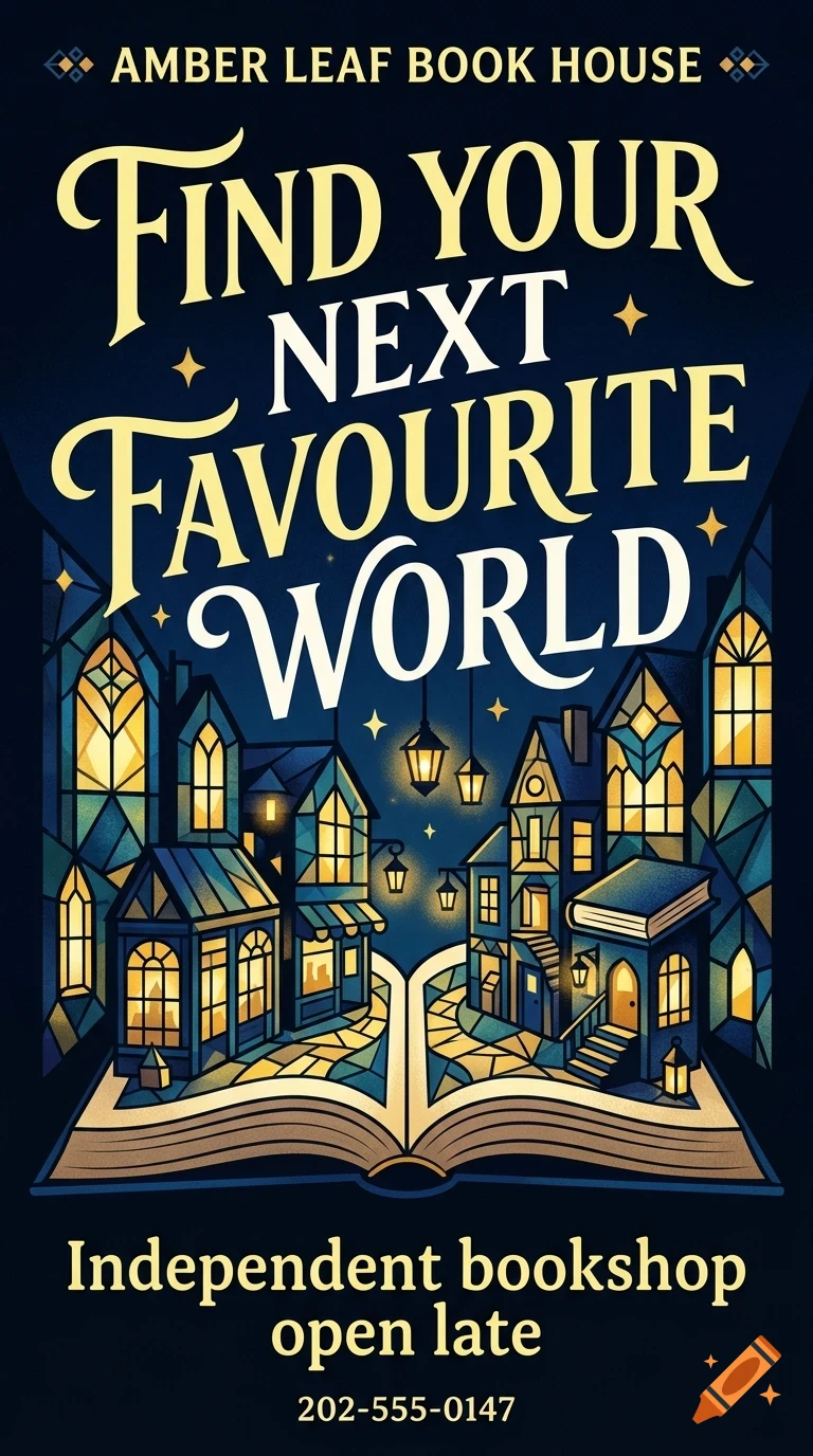 An illustration of an open book with a miniature town built on its pages, featuring yellow-lit windows, hanging lanterns, and bold typography reading 'Find your next favourite world' above.