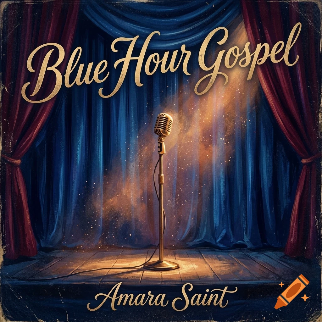 An illuminated vintage microphone on a wooden stage with blue and red curtains in the background and the text Blue Hour Gospel and Amara Saint.