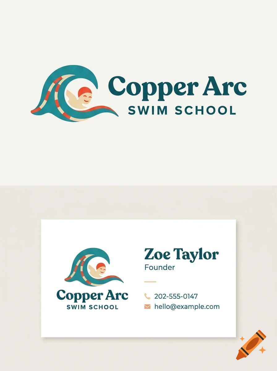 A business card and logo design for Copper Arc Swim School featuring a swimmer in a wave.