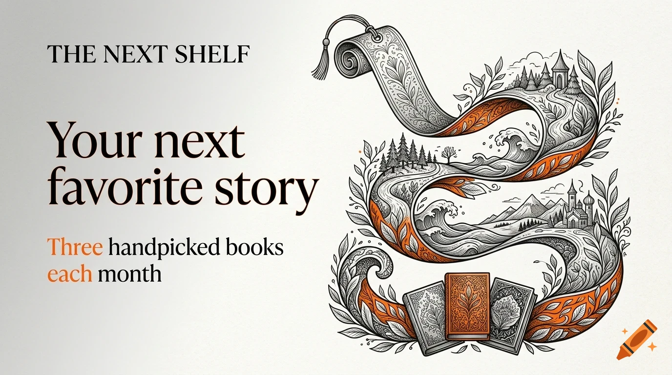 An illustrated advertisement with the text 'The Next Shelf' and an intricate ink drawing of a swirling banner containing landscapes, foliage, and books at the bottom.