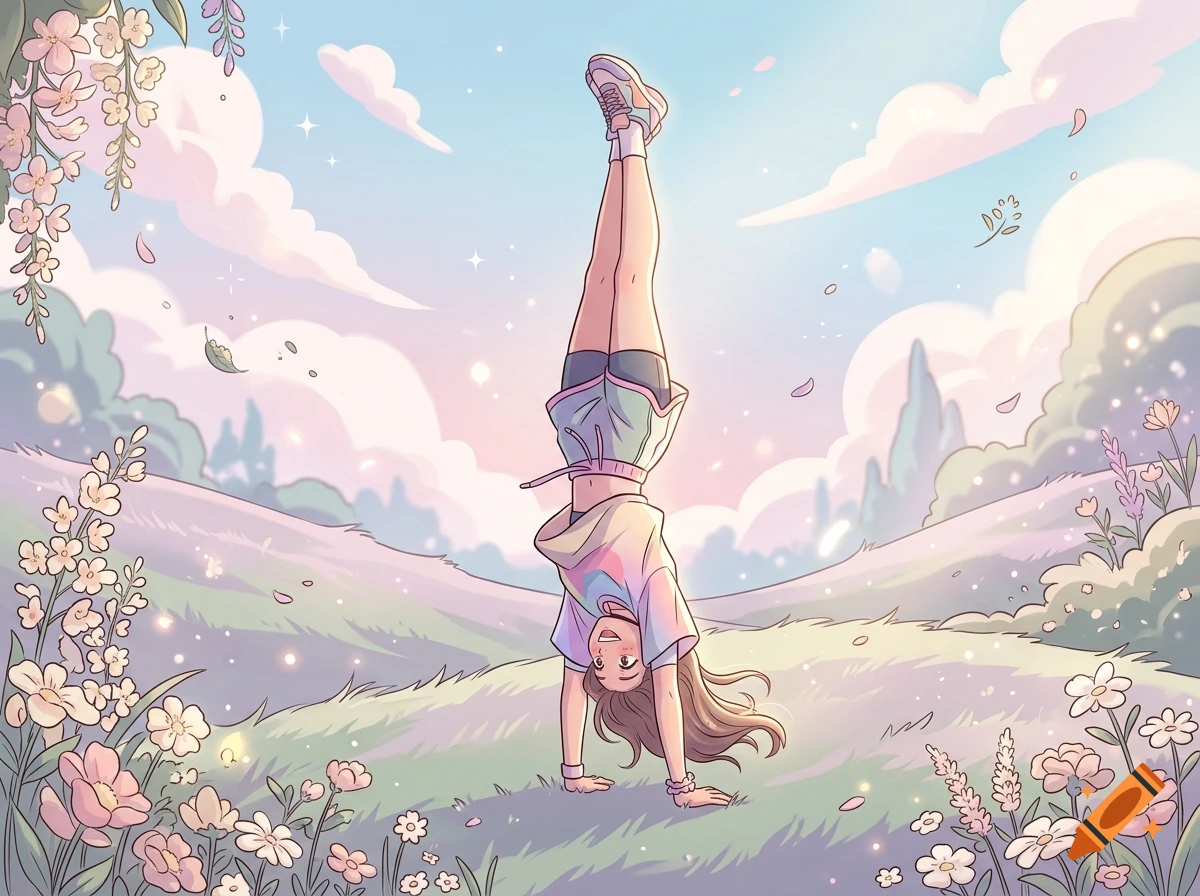An anime-style illustration of a girl doing a handstand in a grassy field surrounded by flowers under a pastel sky.