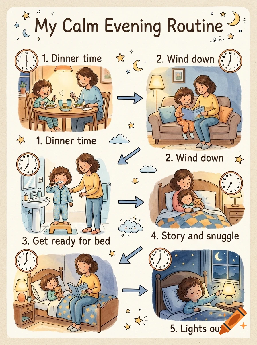 An illustrated chart titled My Calm Evening Routine showing a child and adult through sequential evening activities with clocks and numbered steps.