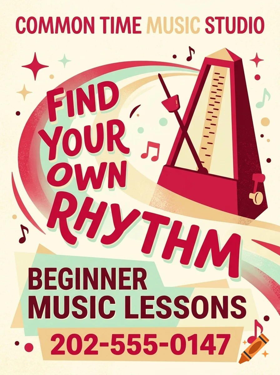 Retro poster for Common Time Music Studio featuring a metronome and musical notes with the text Find your own rhythm.