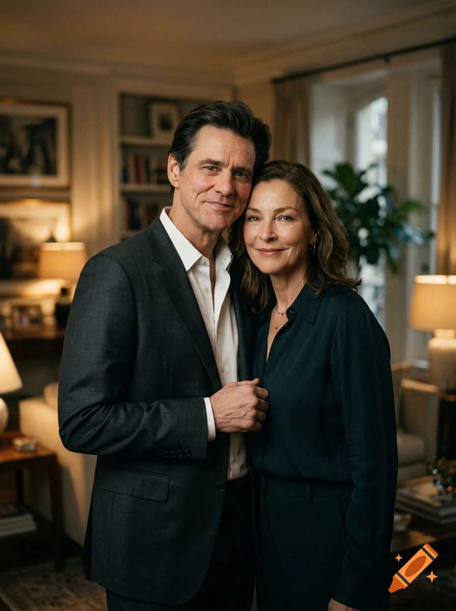 Photorealistic portrait of Jim Carrey and Amanda Donohoe standing together as a couple in a living room.