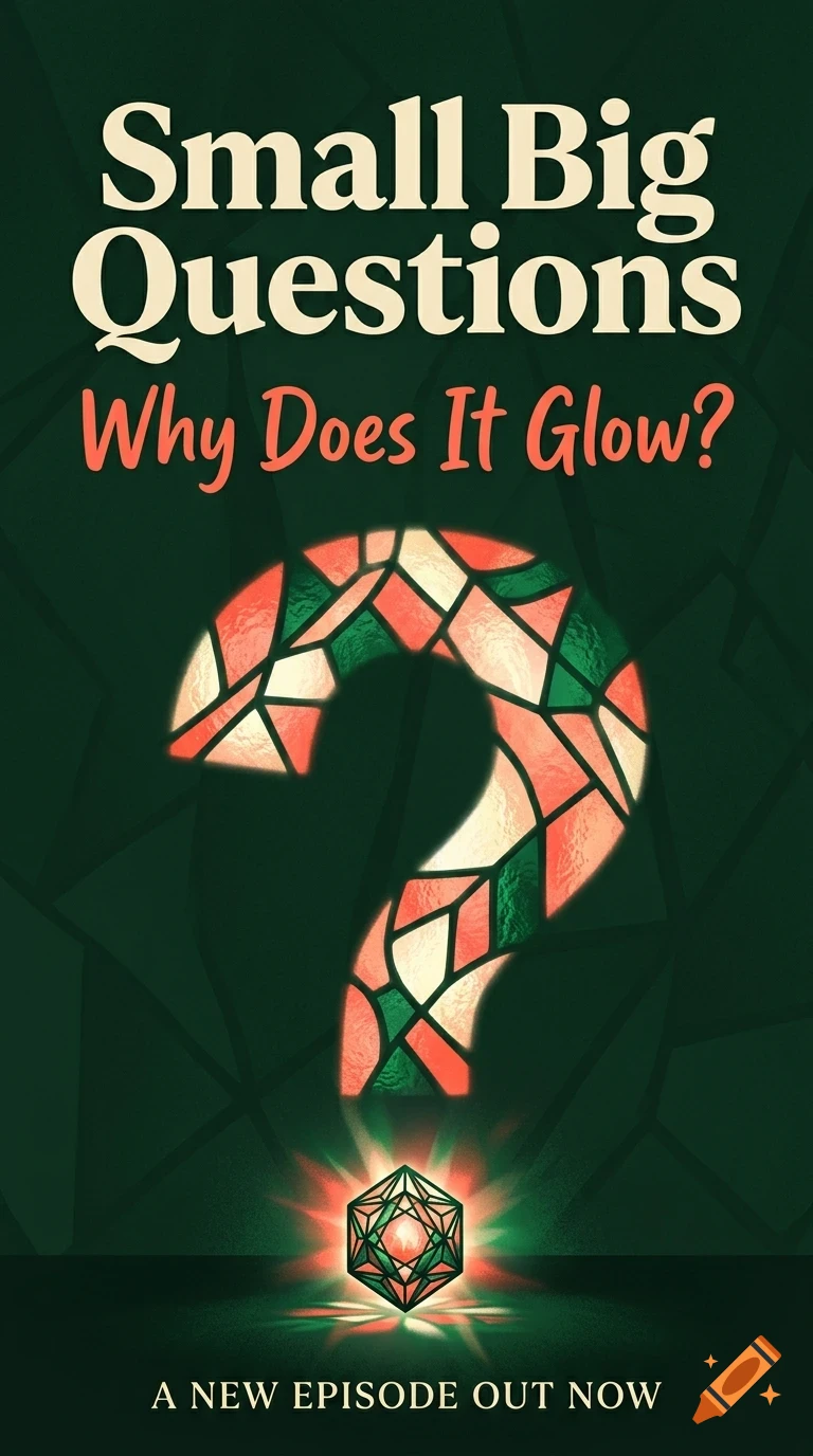 A poster with the text Small Big Questions and Why Does It Glow above a glowing stained glass question mark and a glowing gem.