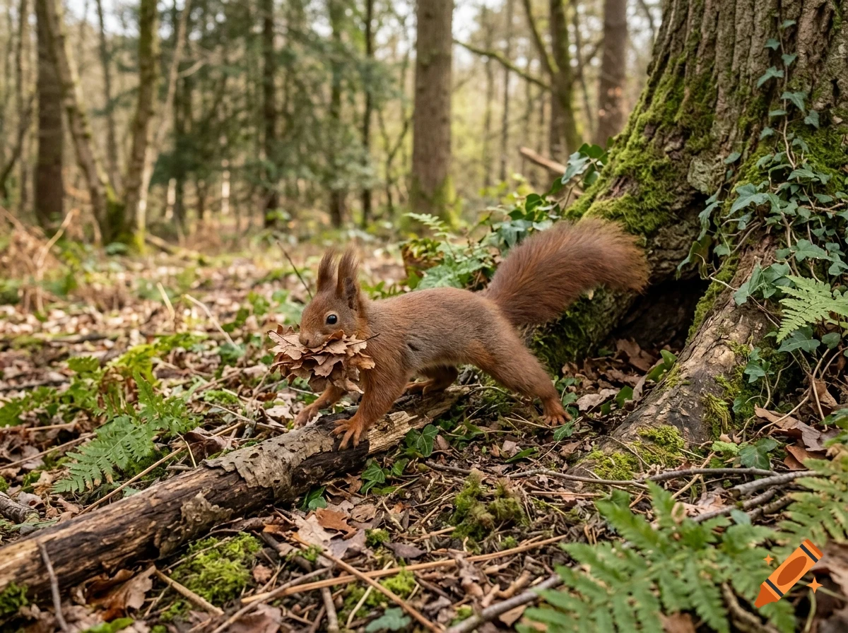 A red squirrel carrying dried leaves in its mouth runs across a mossy branch in a forest.