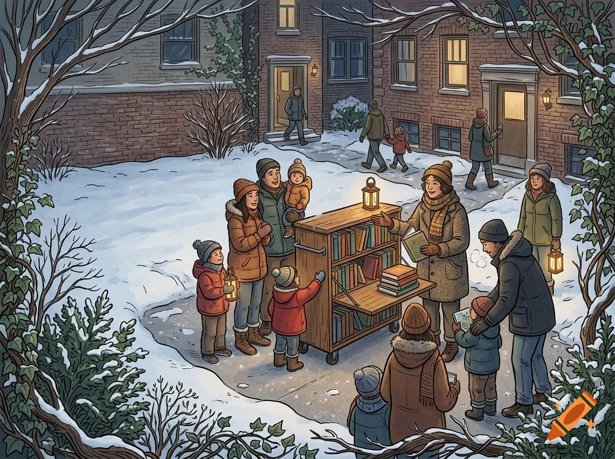 An illustrated winter scene in a brick courtyard with snow on the ground, where several people and children gather around a mobile wooden bookcase lit by a lantern, reading and browsing books.