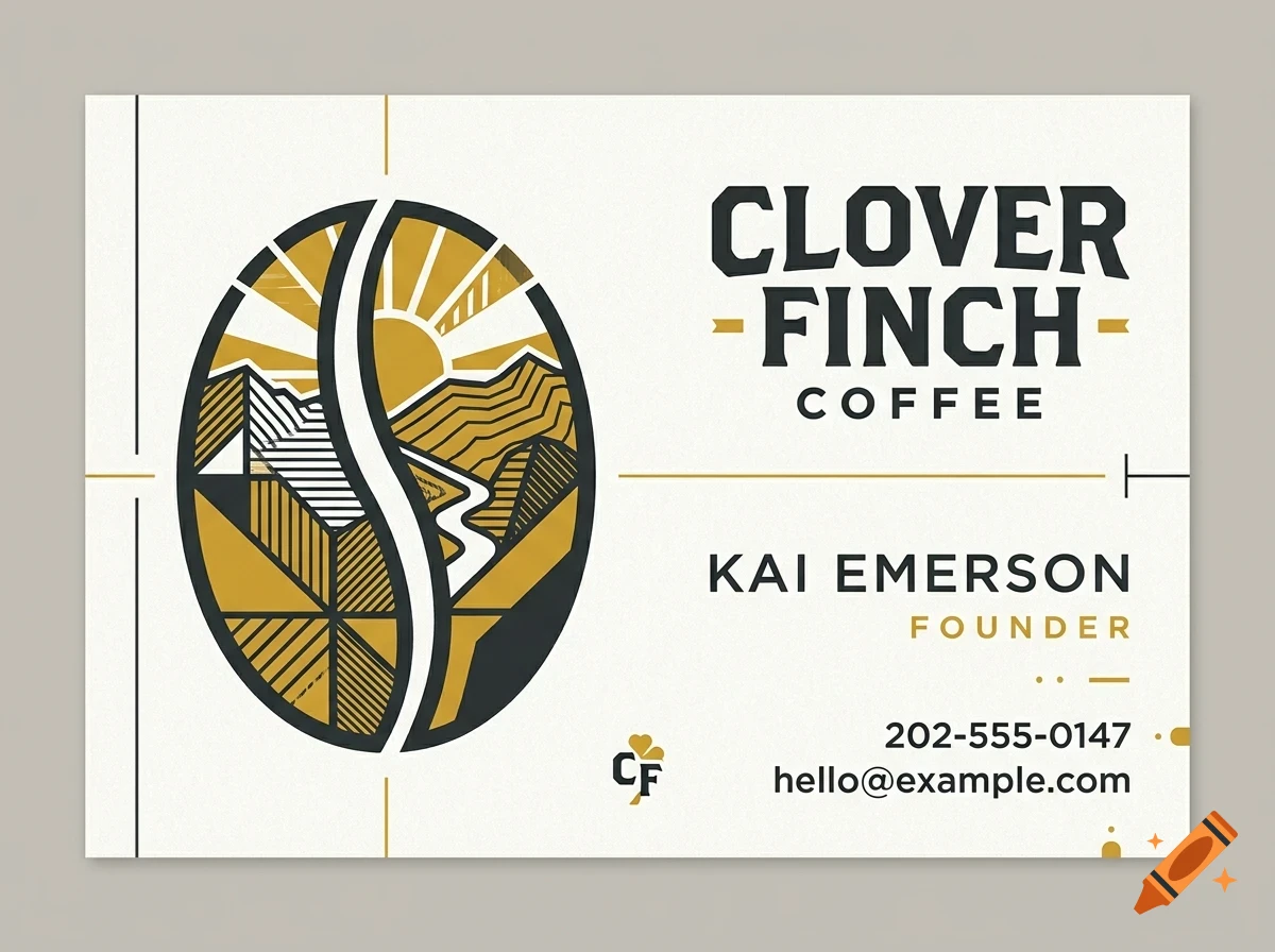 A business card design for Clover Finch Coffee featuring a stylized coffee bean logo with a mountain landscape and sun, and text including the company name, founder Kai Emerson, and contact details.