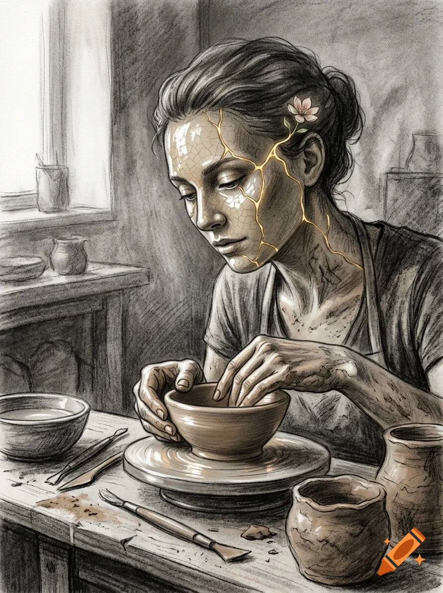 An artist shaping a clay pot on a pottery wheel, with gold cracks on her face and a small flower growing from her temple.