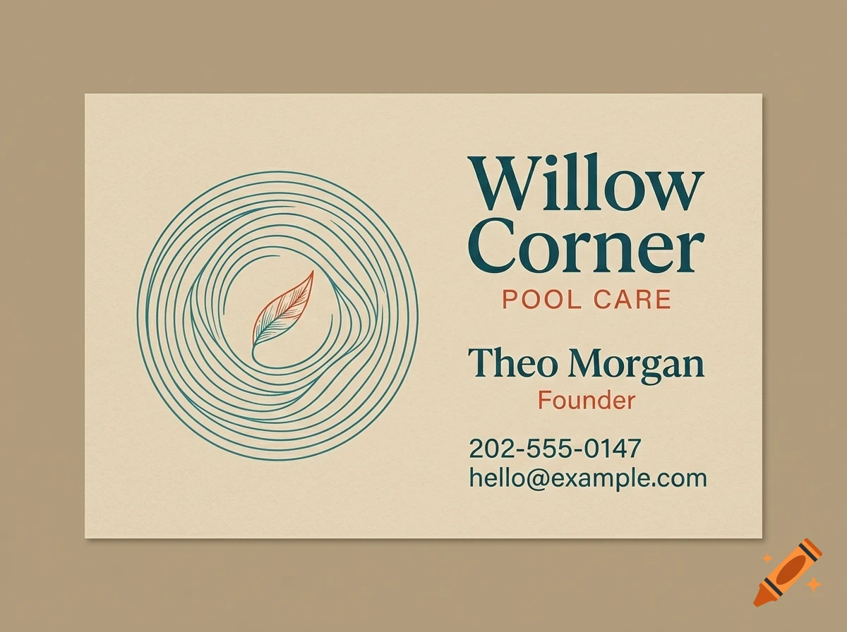 A business card mockup for Willow Corner Pool Care with a circular line art graphic and a single leaf.
