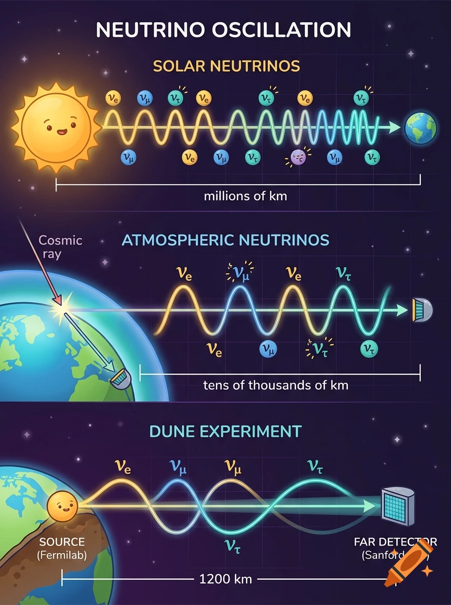 Cartoon infographic explaining neutrino oscillations comparing solar, atmospheric, and DUNE experiment baselines.