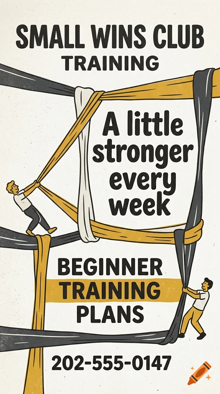 A poster with the text Small Wins Club Training, featuring small illustrated people interacting with large fabric bands.