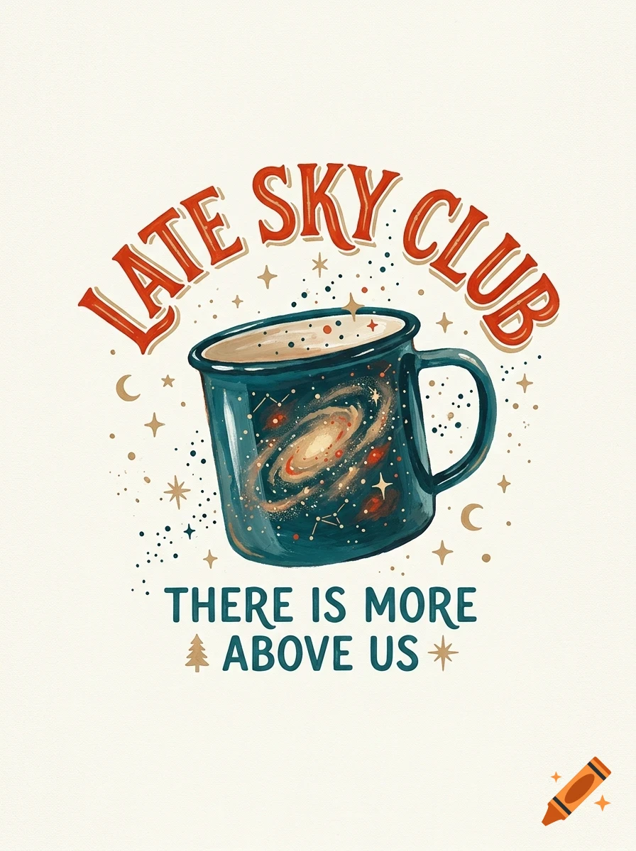 An illustrated enamel mug containing a galaxy design, surrounded by stars, moons, and text reading Late Sky Club and There is more above us.