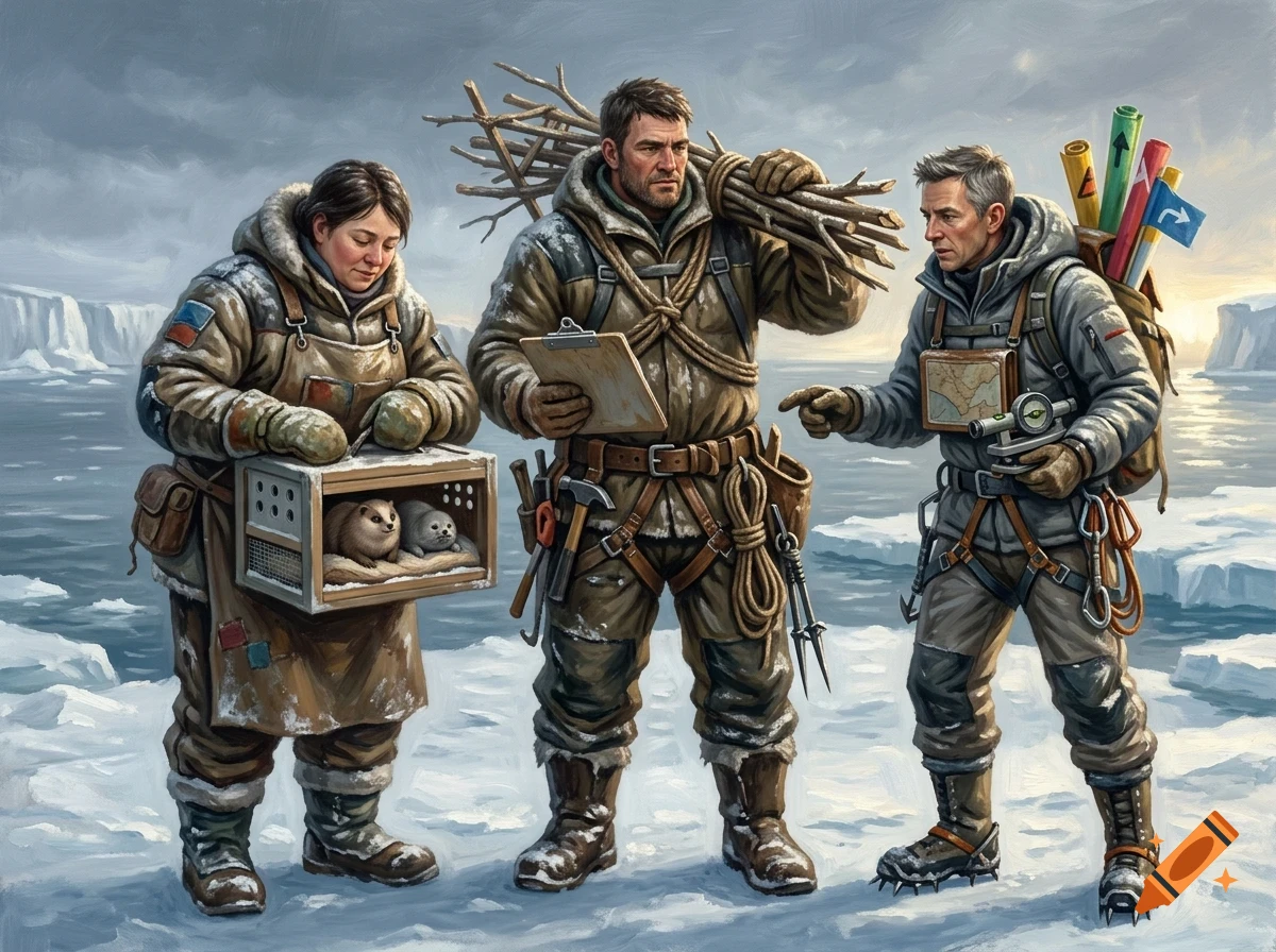 Three people in winter gear outdoors on snow and ice, with one holding a cage containing two small animals.