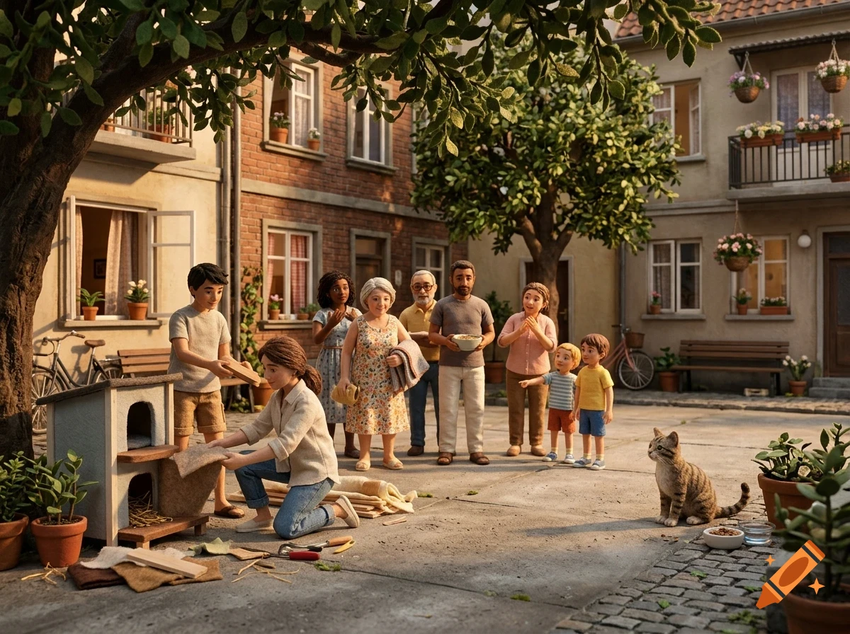 A group of claymation-style people and a cat in a courtyard between brick apartment buildings.