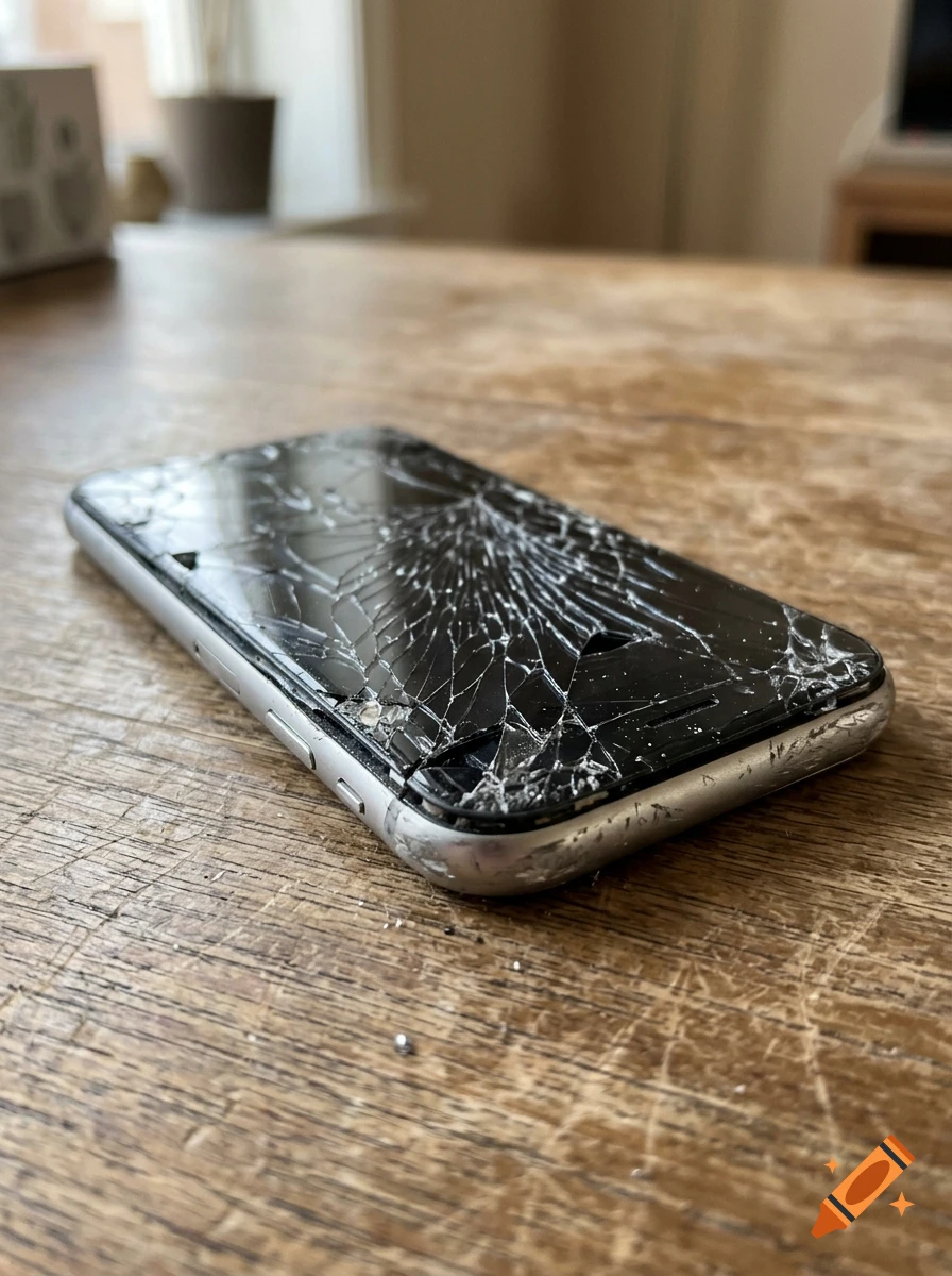 Close-up photorealistic shot of a broken smartphone with a heavily shattered screen resting on a wooden table.