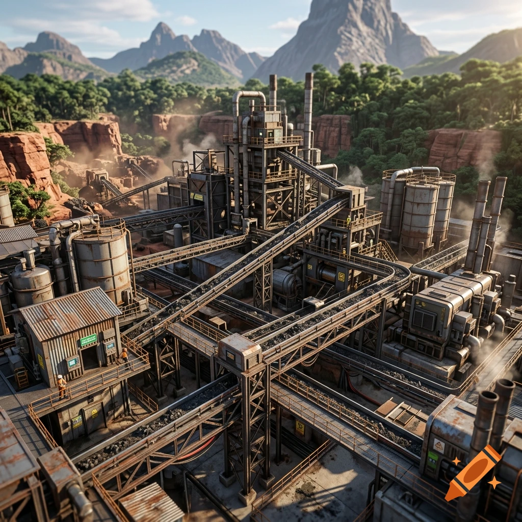 An isometric view of a large, complex industrial factory in a mountainous landscape, photorealistic.