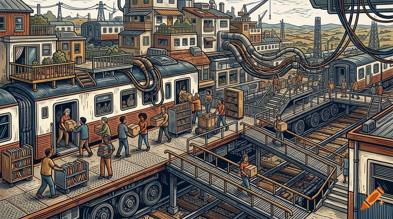 An illustrated bustling railway station with people loading boxes and books onto trains and platforms surrounded by industrial buildings.