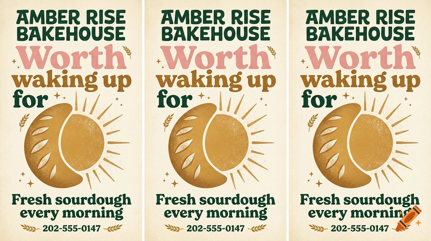 A retro-style poster for Amber Rise Bakehouse featuring lettering, a loaf of bread, and a sun design.