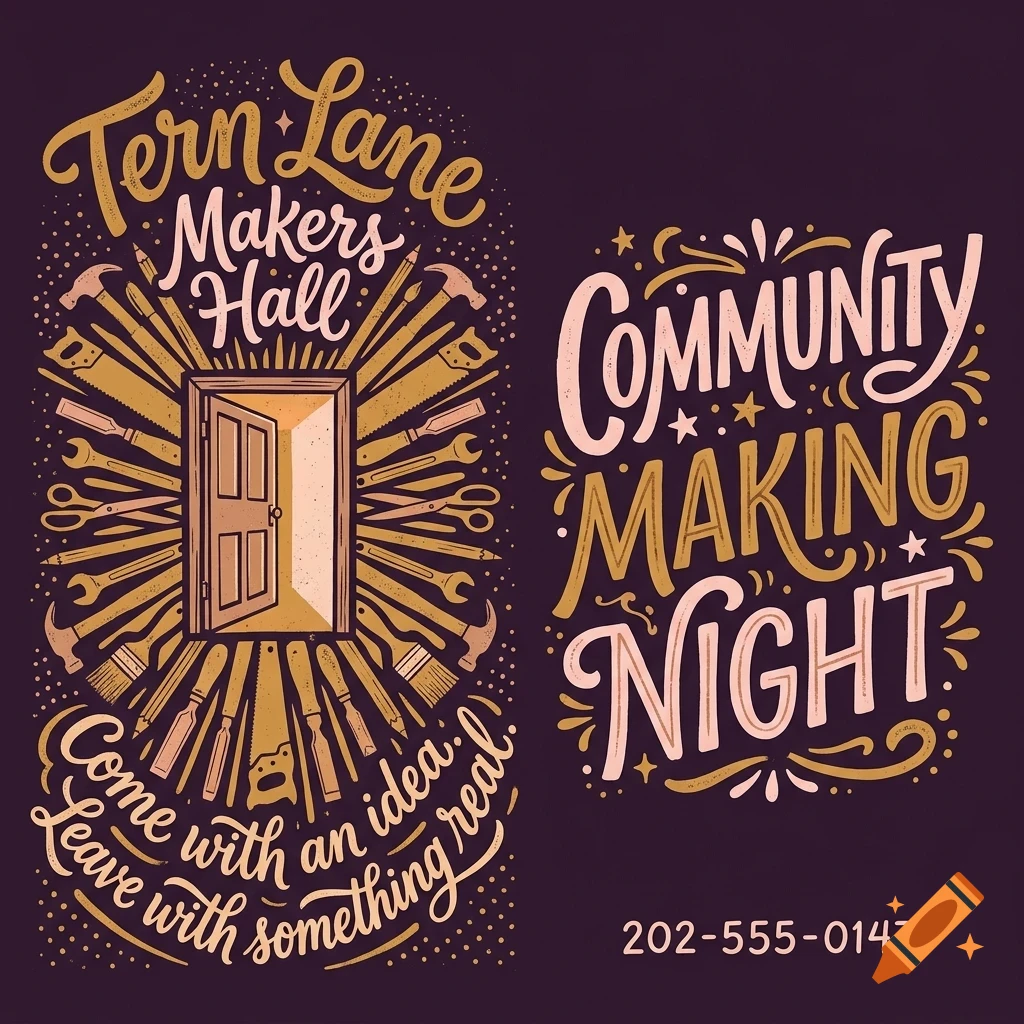Decorative hand-lettered poster designs featuring tools radiating around an open door and text reading Tern Lane Makers Hall and Community Making Night.