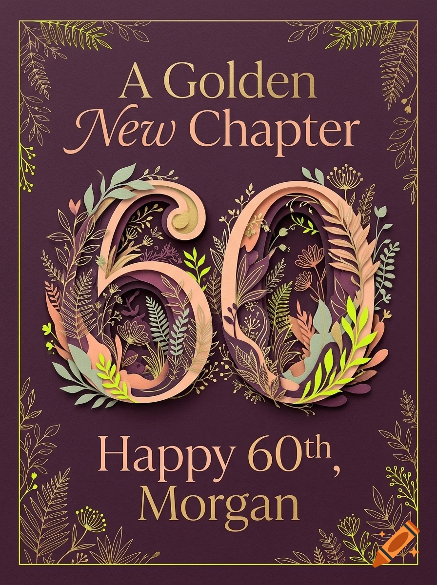 A greeting card design featuring the number 60 decorated with layered floral and leaf motifs against a purple background, with text reading A Golden New Chapter and Happy 60th, Morgan.