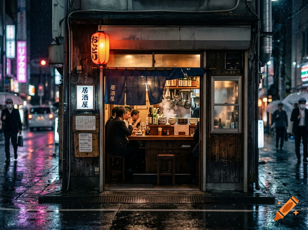 Neon noir style photo of a small Japanese izakaya bar at night in the rain, with glowing lanterns and customers sitting inside.