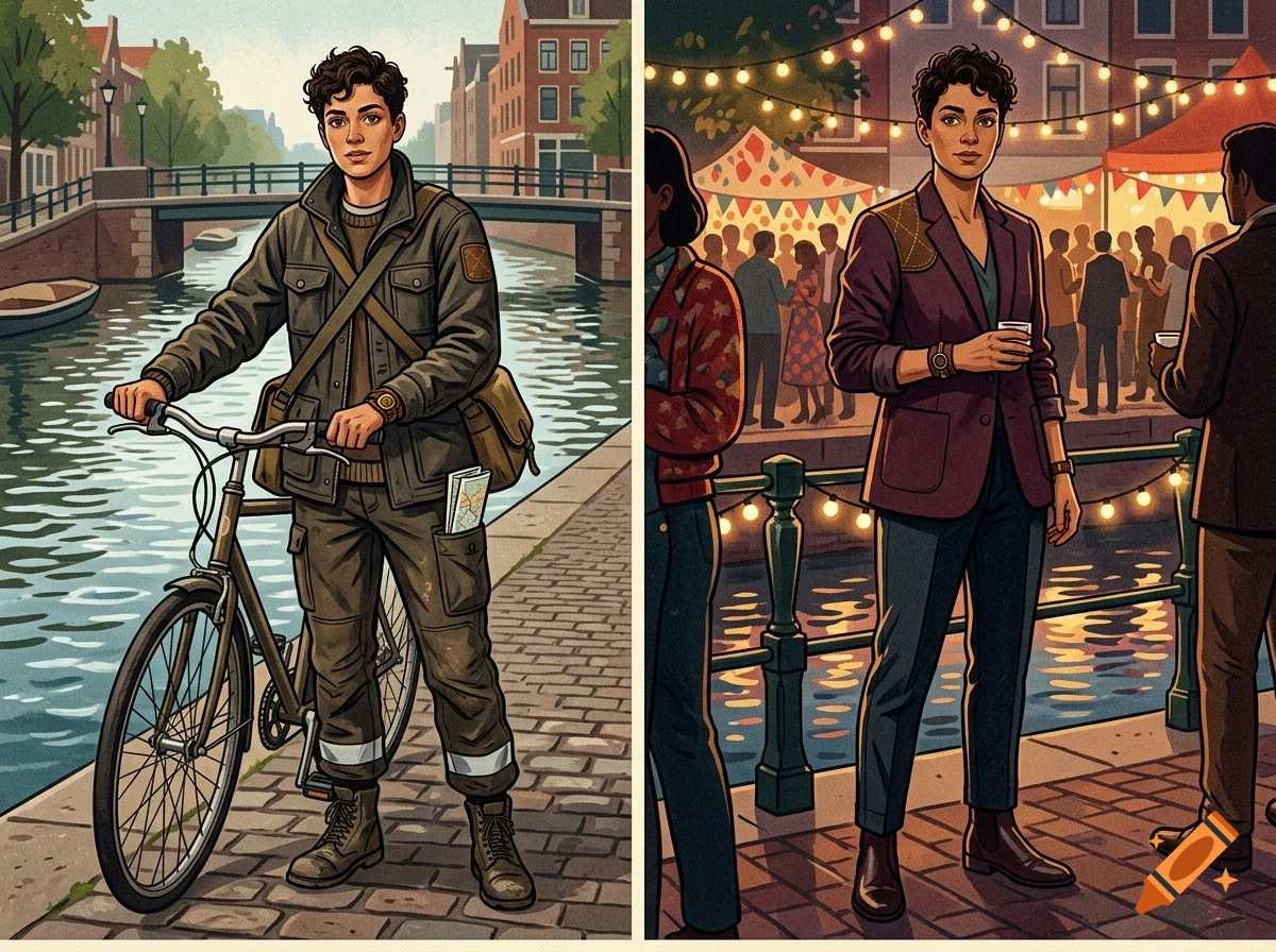 A split-screen illustration showing a person with short curly hair standing by a canal with a bicycle on the left and attending an evening street party by the canal on the right.