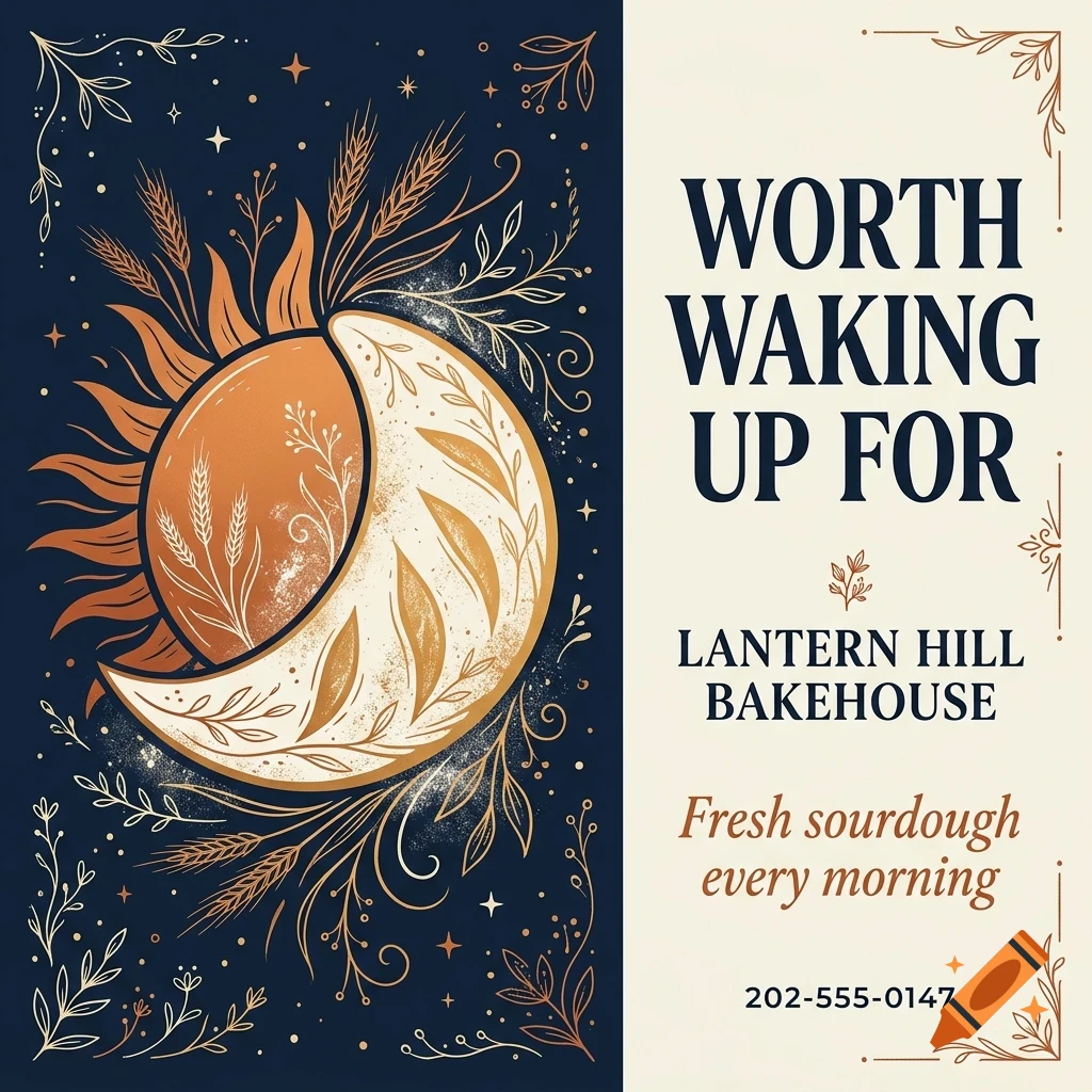 An illustrated poster featuring a sun and crescent moon design on the left and the text 'WORTH WAKING UP FOR LANTERN HILL BAKEHOUSE' on the right.