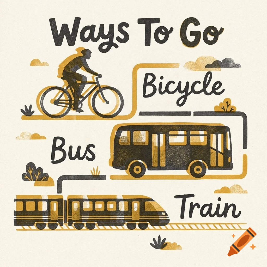 An illustrated poster titled Ways To Go featuring a person on a bicycle, a bus, and a train, with corresponding text labels.