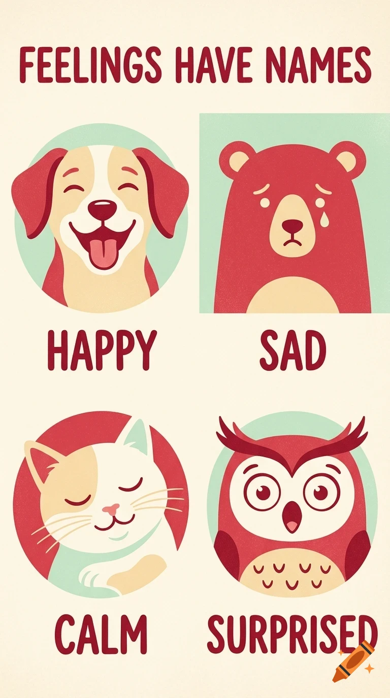 An educational poster titled Feelings Have Names depicting four cartoon animals expressing different emotions: a happy dog, a sad bear, a calm cat, and a surprised owl.