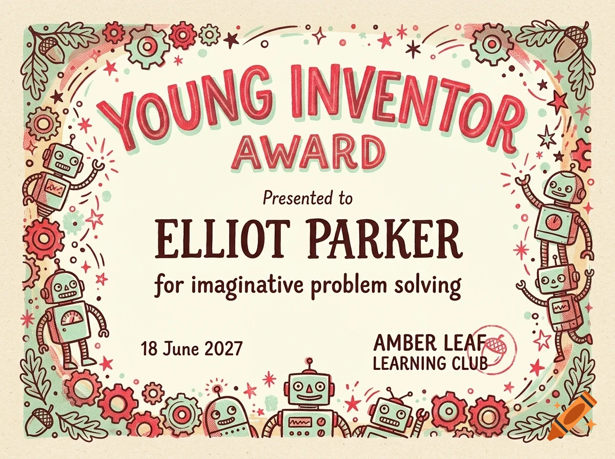 An illustrated certificate titled Young Inventor Award with robots and gears in the border.