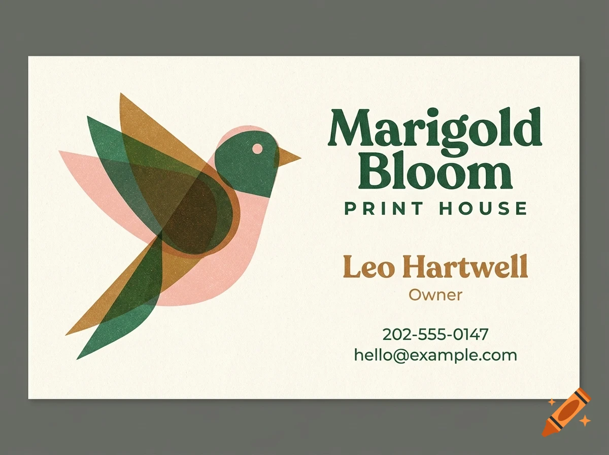 A business card featuring a stylized bird illustration and text for Marigold Bloom Print House.