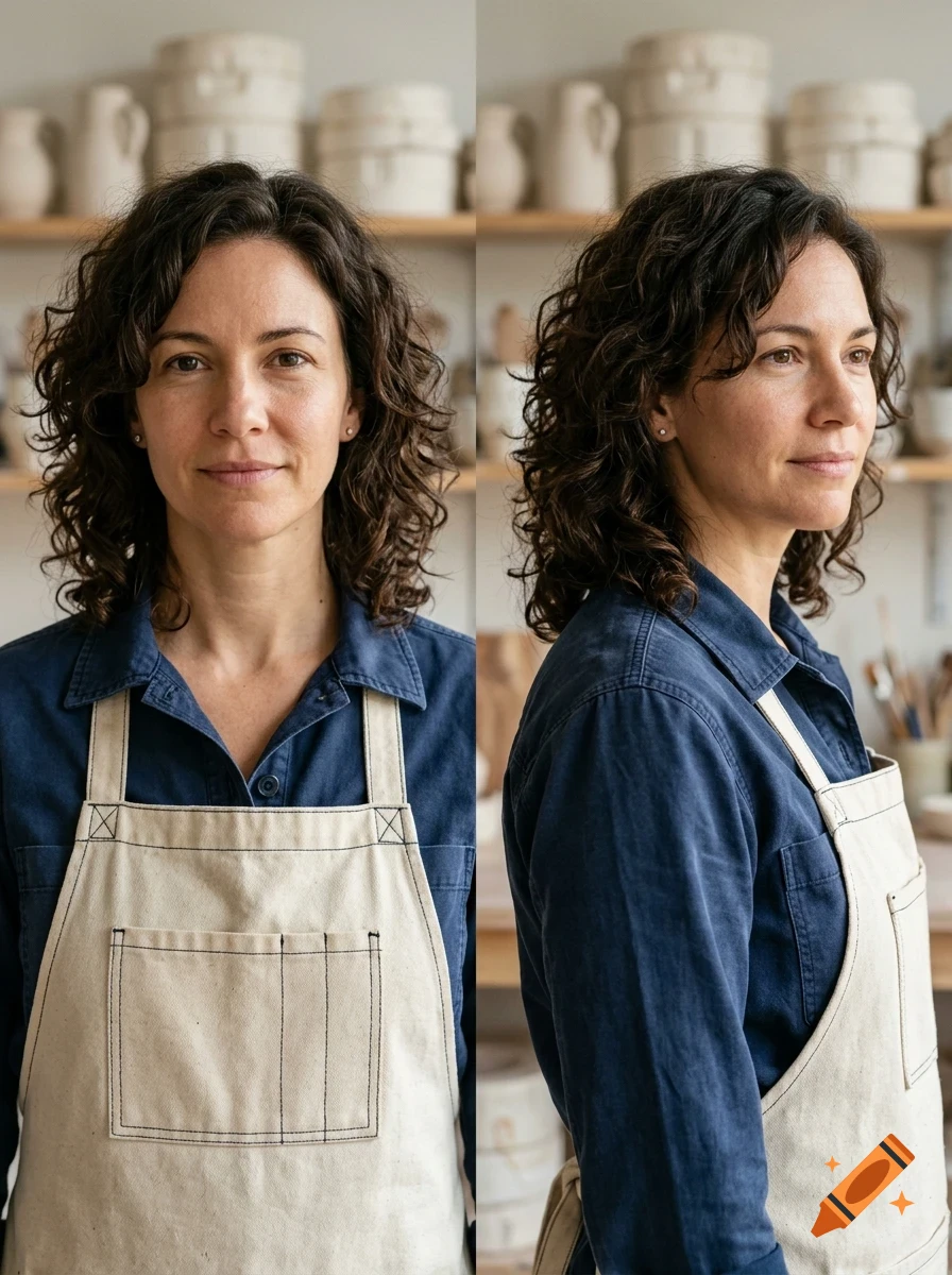 A woman with curly brown hair wearing a blue shirt and a canvas apron, shown in front and side profile views.