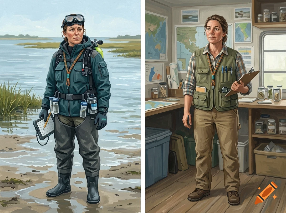 Two side-by-side illustrations of a woman, one outdoors wearing scuba gear near a wetland, and one indoors holding a clipboard.