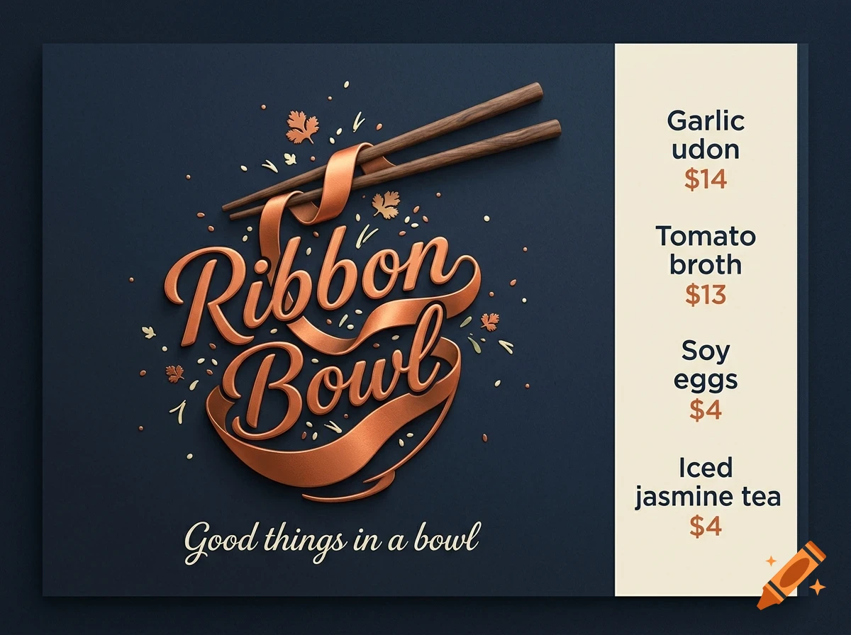 A menu graphic featuring stylized copper lettering that reads Ribbon Bowl, accompanied by chopsticks and menu items with prices.
