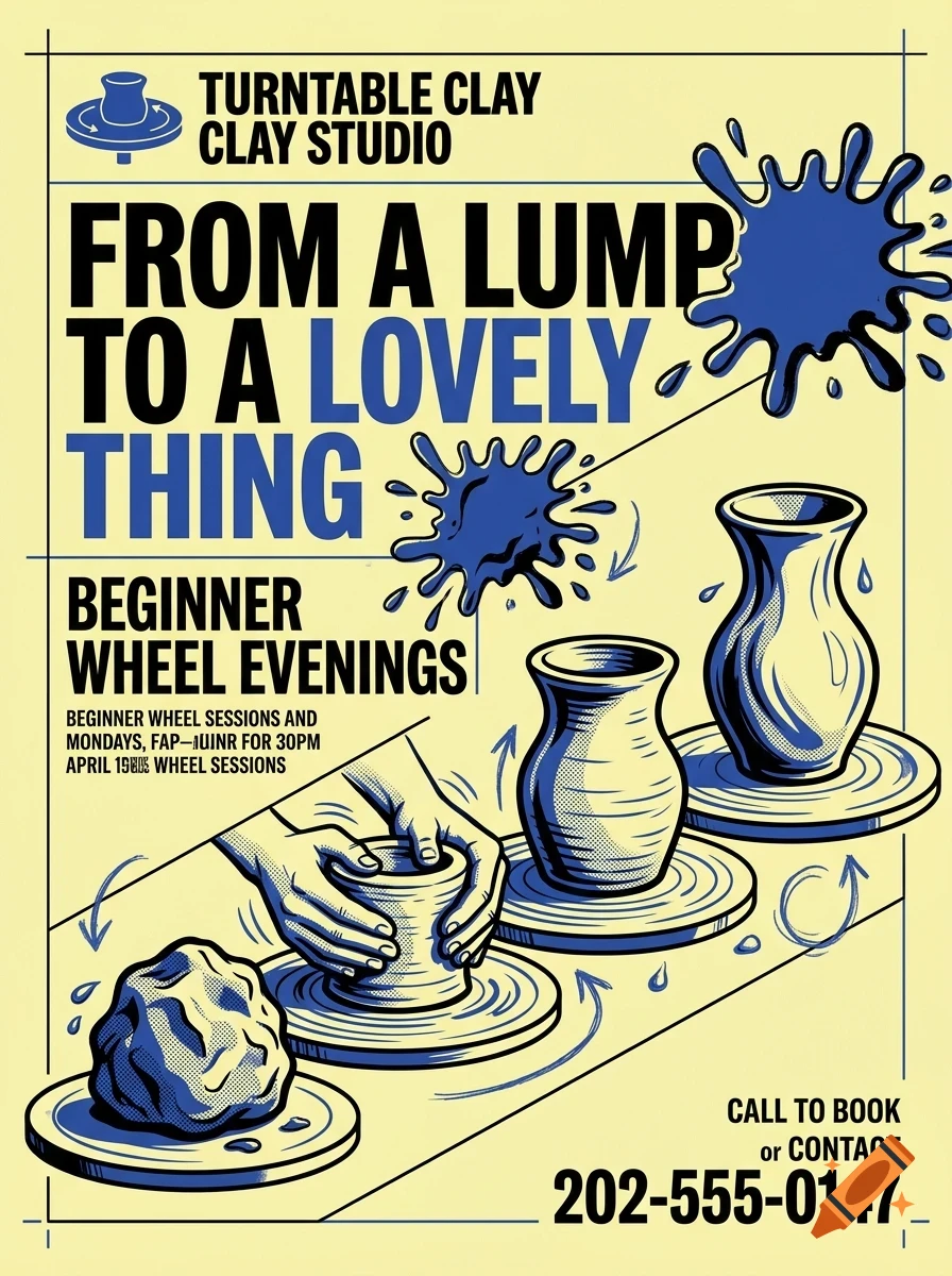 An illustrative poster for Turntable Clay Studio showing steps of pottery making from a lump of clay to finished vases, with text and blue and yellow tones.