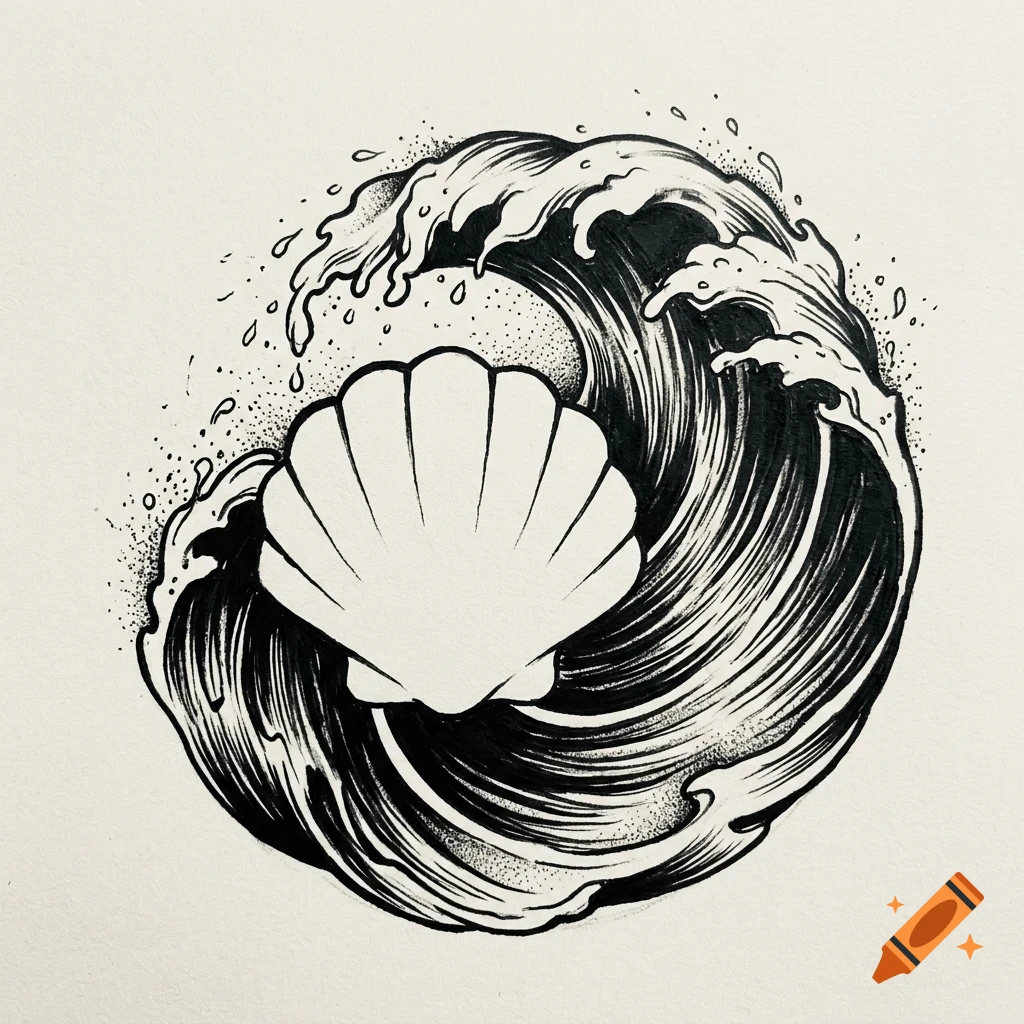 An ink drawing of a seashell in front of a swirling ocean wave.