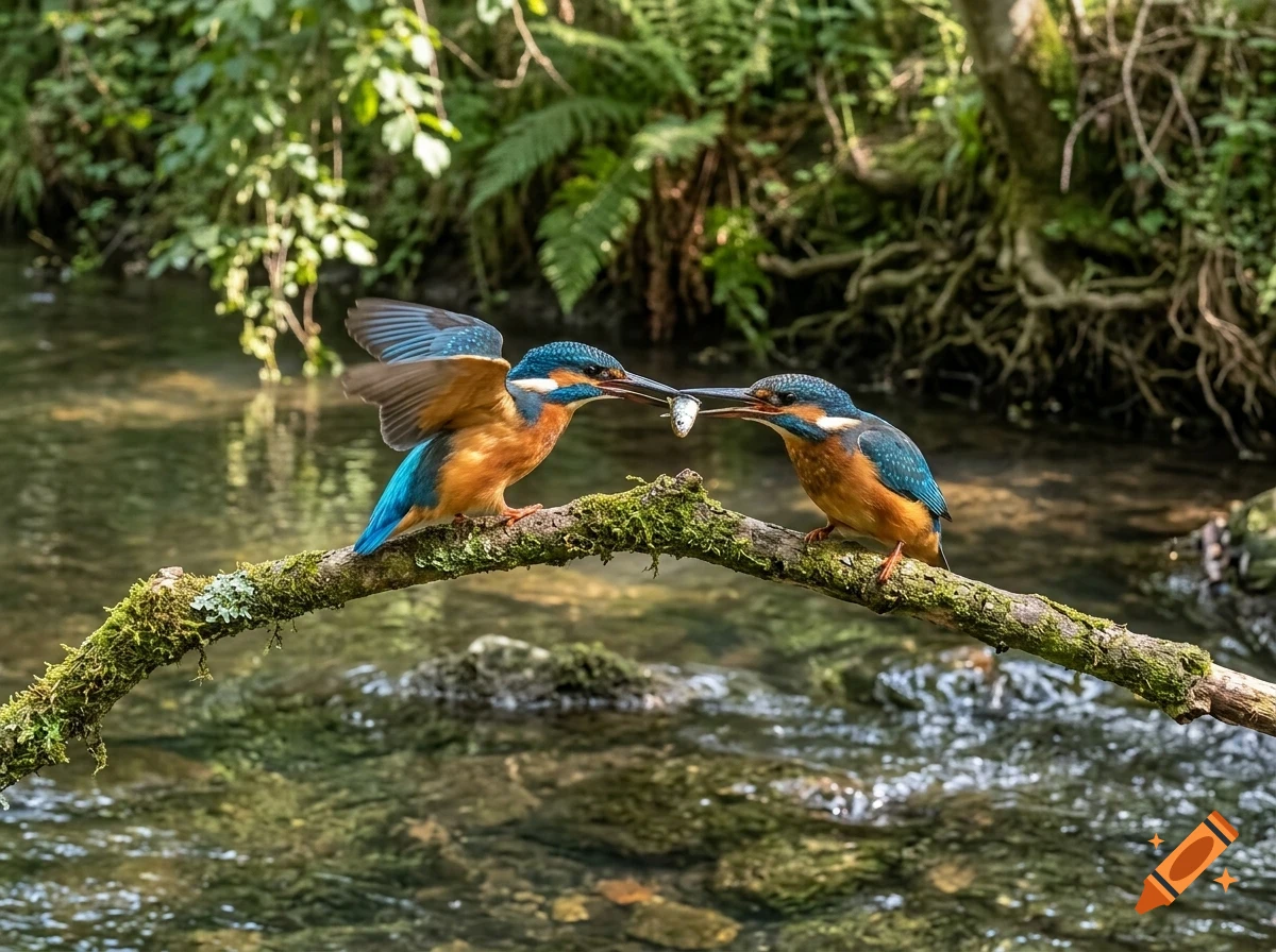 Two kingfishers perched on a mossy branch over a stream, one passing a small fish to the other.
